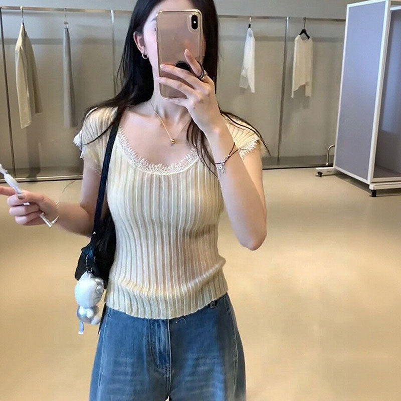 レーストリム 半袖リブニットトップス レディース U ネック フィット 着痩せ