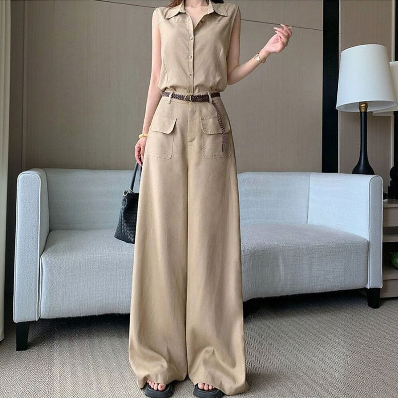 セットアップ ノースリーブシャツ + ワイドパンツ レディース（ベルト付き）リネン調 ゆったり 通勤 オフィス