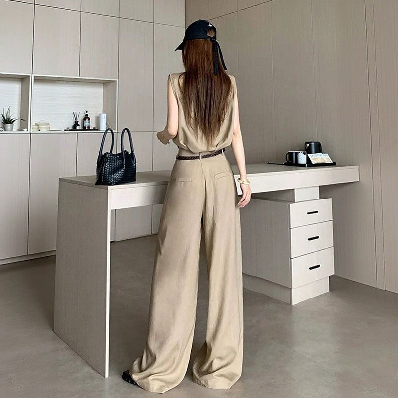 セットアップ ノースリーブシャツ + ワイドパンツ レディース（ベルト付き）リネン調 ゆったり 通勤 オフィス