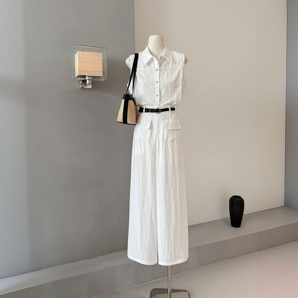 セットアップ ノースリーブシャツ + ワイドパンツ レディース（ベルト付き）リネン調 ゆったり 通勤 オフィス