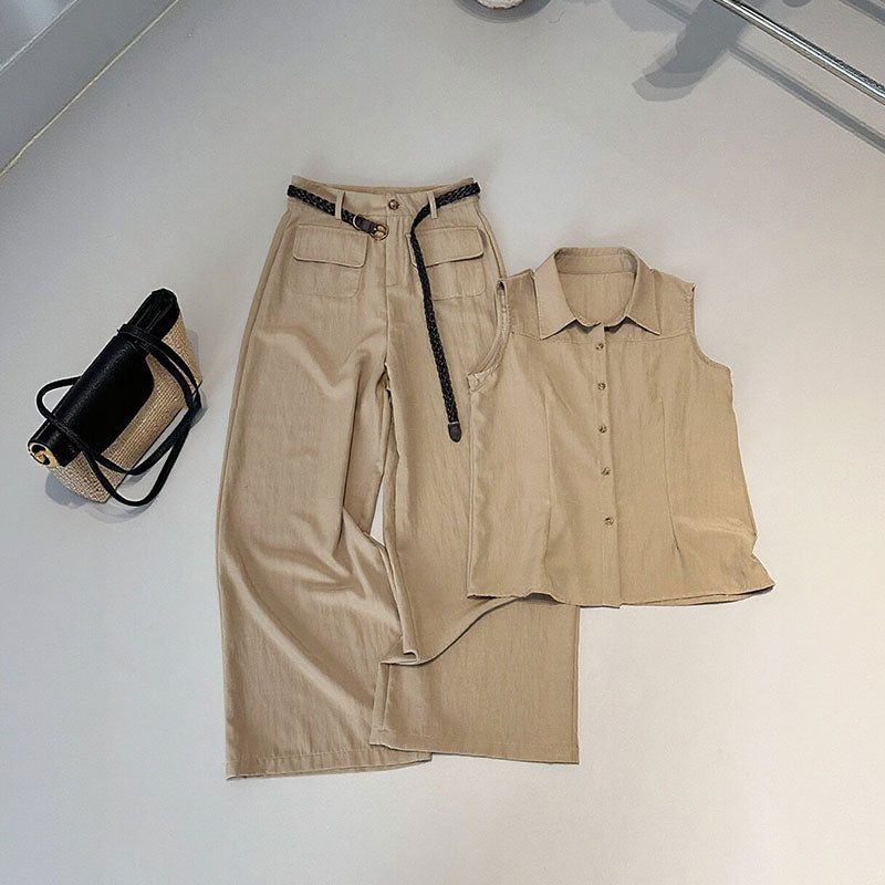セットアップ ノースリーブシャツ + ワイドパンツ レディース（ベルト付き）リネン調 ゆったり 通勤 オフィス