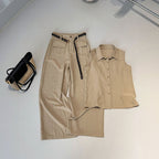 セットアップ ノースリーブシャツ + ワイドパンツ レディース（ベルト付き）リネン調 ゆったり 通勤 オフィス