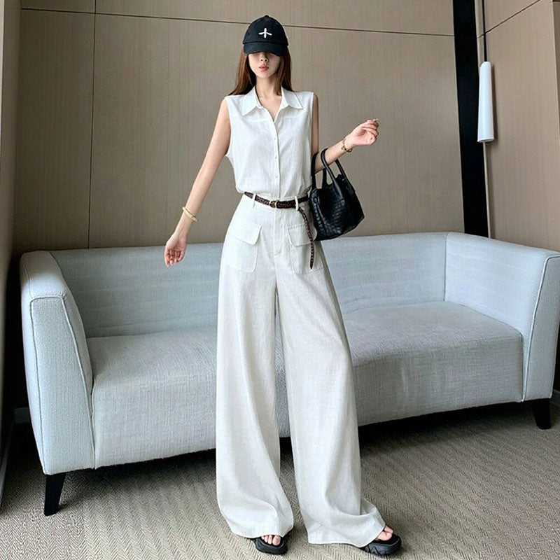 セットアップ ノースリーブシャツ + ワイドパンツ レディース（ベルト付き）リネン調 ゆったり 通勤 オフィス