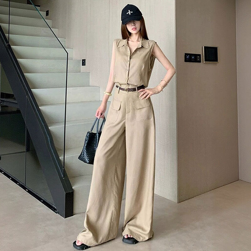 セットアップ ノースリーブシャツ + ワイドパンツ レディース（ベルト付き）リネン調 ゆったり 通勤 オフィス