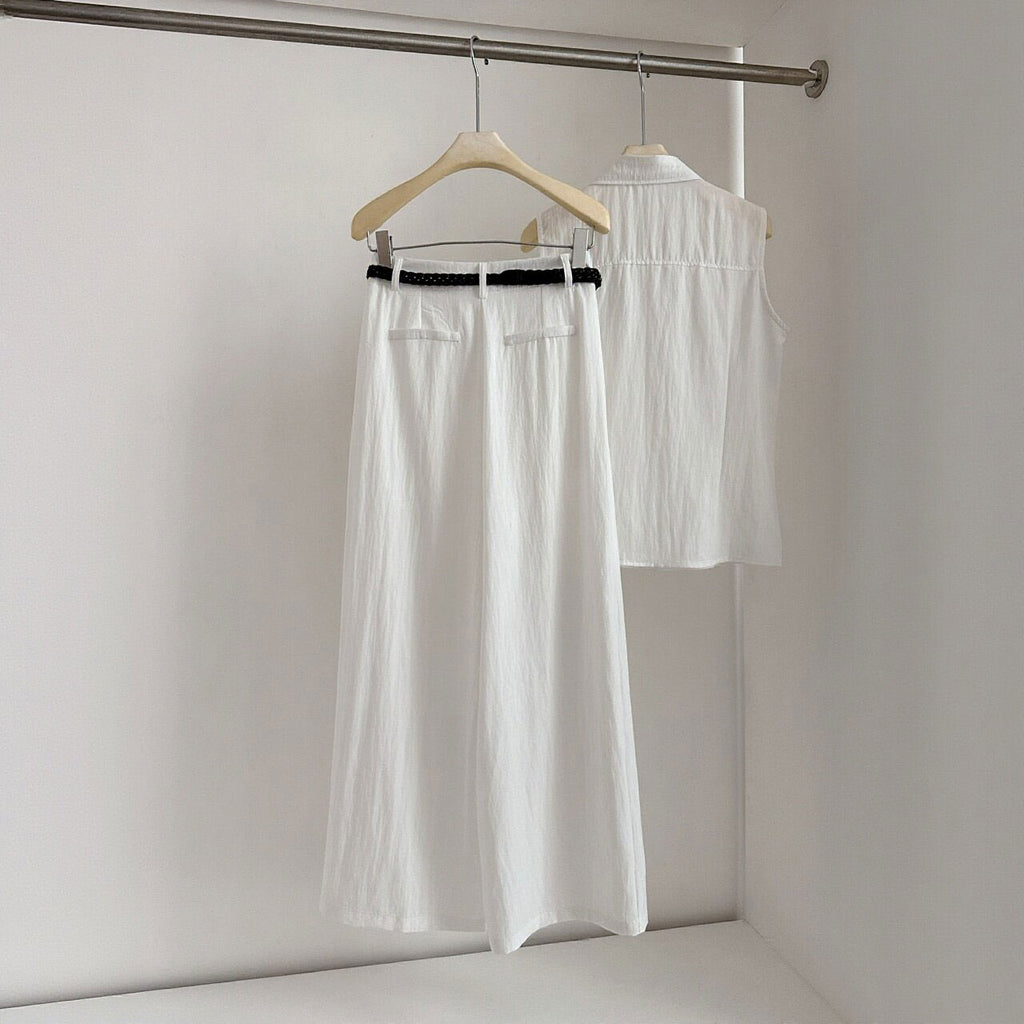 セットアップ ノースリーブシャツ + ワイドパンツ レディース（ベルト付き）リネン調 ゆったり 通勤 オフィス