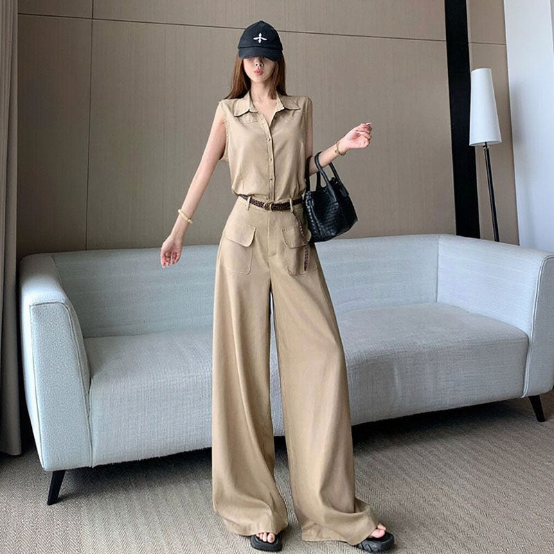 セットアップ ノースリーブシャツ + ワイドパンツ レディース（ベルト付き）リネン調 ゆったり 通勤 オフィス