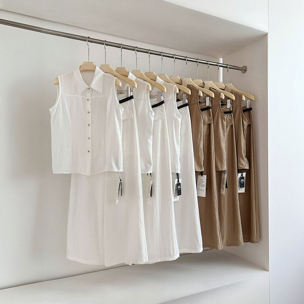 セットアップ ノースリーブシャツ + ワイドパンツ レディース（ベルト付き）リネン調 ゆったり 通勤 オフィス
