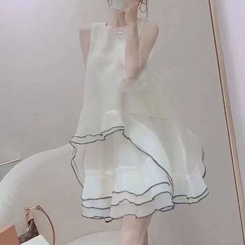フレア裾メッシュ切替ノースリーブワンピースデートワンピース