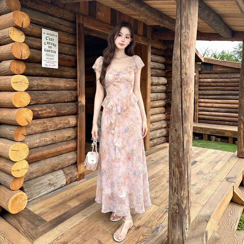 花柄 シフォンワンピース フリル ロング丈 ピンク 大人可愛いデートワンピース