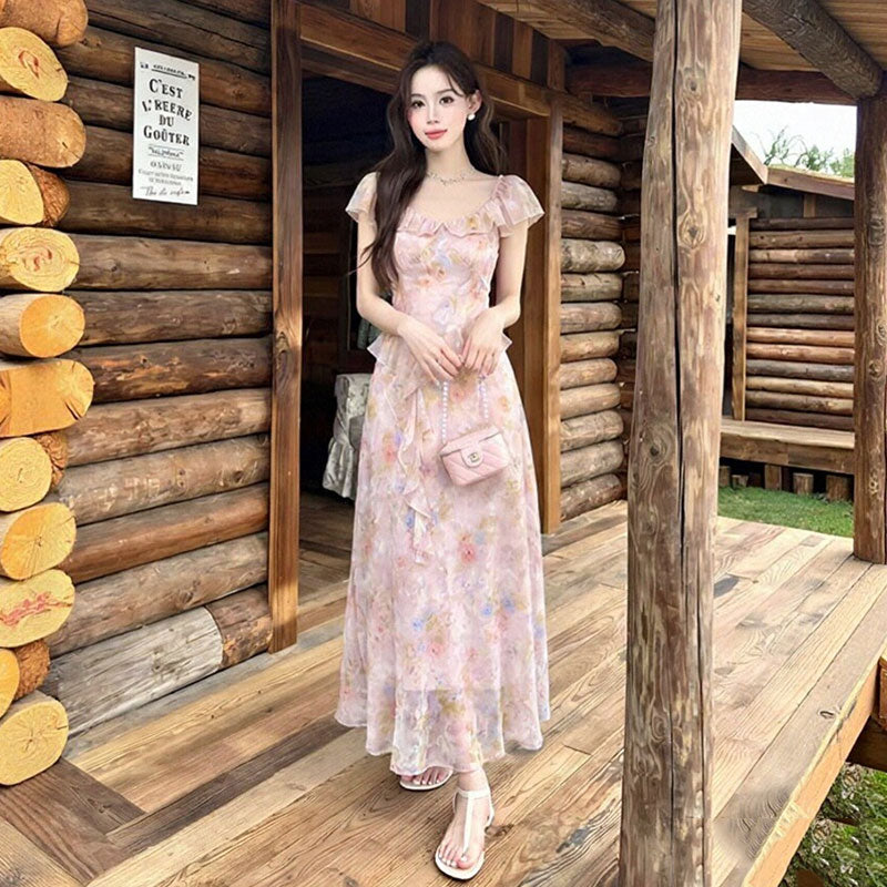 花柄 シフォンワンピース フリル ロング丈 ピンク 大人可愛いデートワンピース