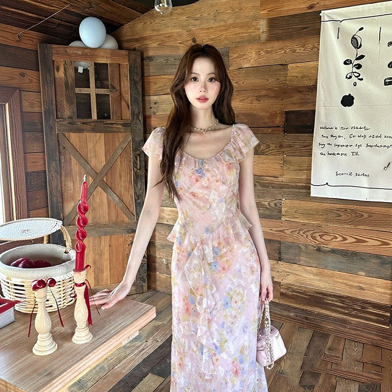 花柄 シフォンワンピース フリル ロング丈 ピンク 大人可愛いデートワンピース