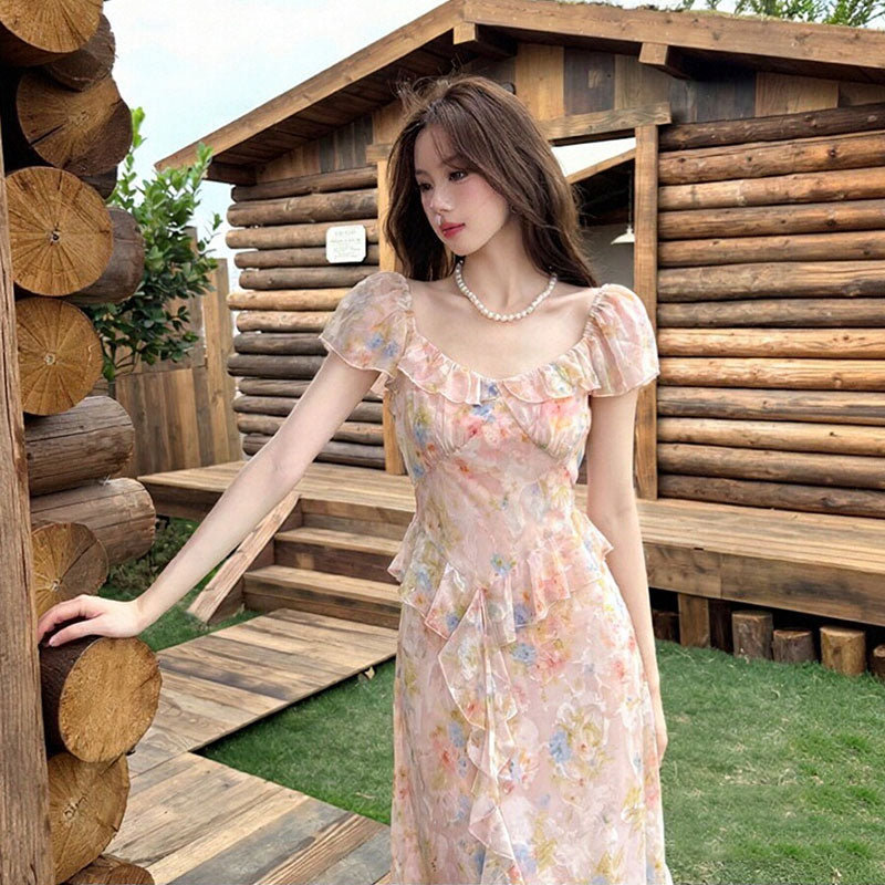 花柄 シフォンワンピース フリル ロング丈 ピンク 大人可愛いデートワンピース