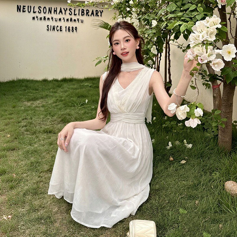 2 色展開 ノースリーブレース切り替えシフォンワンピース ロング丈デートワンピース