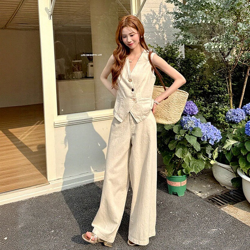 ノースリーブベスト カジュアルパンツセットアップ 体型カバー 着痩せ 大人可愛い オフィス