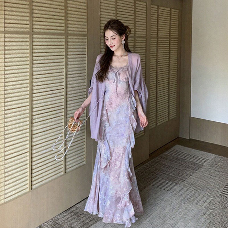 2 色展開 花柄シフォンキャミソールワンピース + ガウンセット レディース大人可愛いデート服