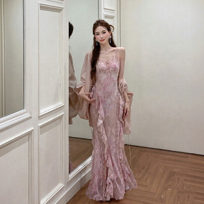2 色展開 花柄シフォンキャミソールワンピース + ガウンセット レディース大人可愛いデート服