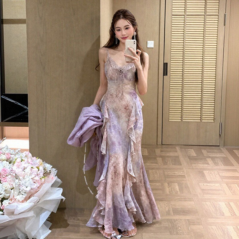 2 色展開 花柄シフォンキャミソールワンピース + ガウンセット レディース大人可愛いデート服