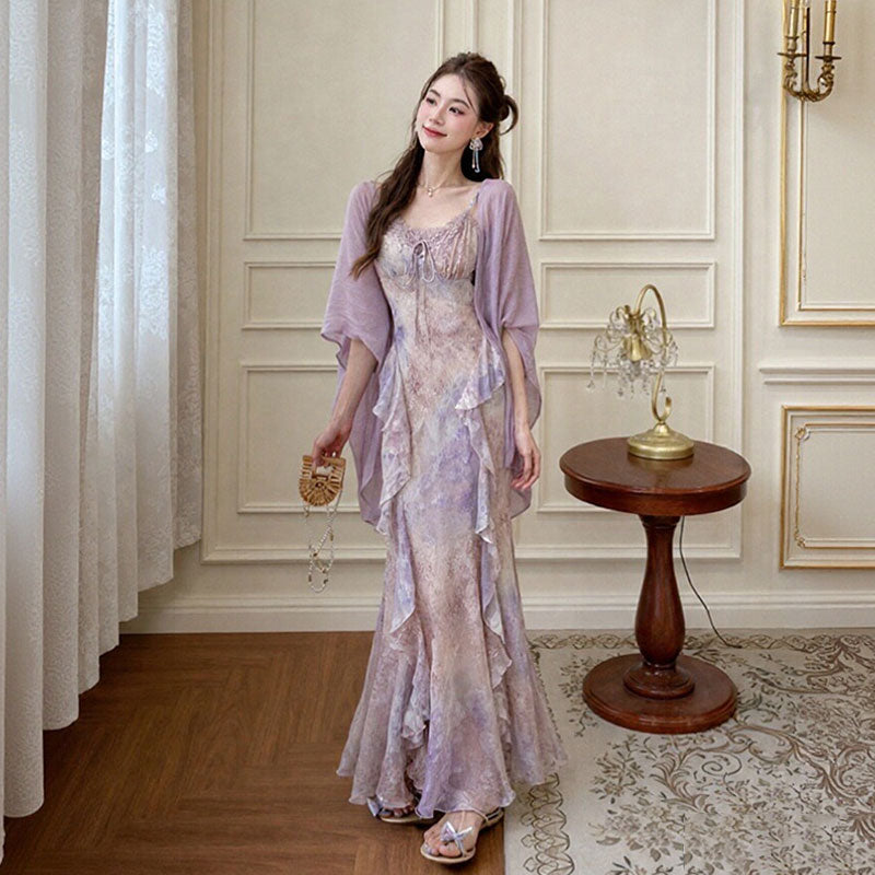 2 色展開 花柄シフォンキャミソールワンピース + ガウンセット レディース大人可愛いデート服