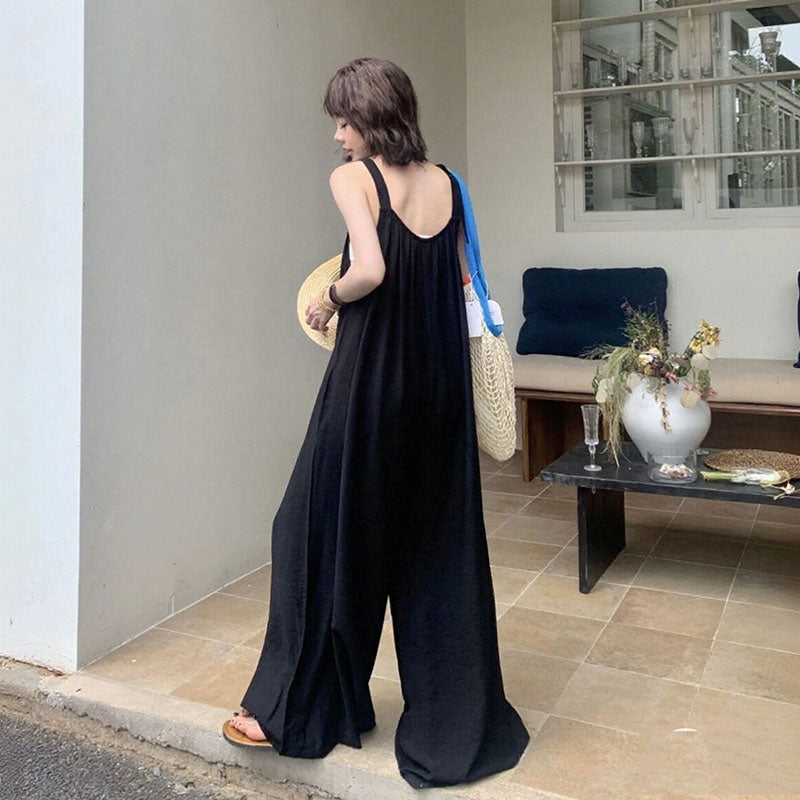 サロペット（トップスなし） ゆったり ワイドパンツ 体型カバー 無地 オーバーオール リラックス 一枚着 旅行コーデ