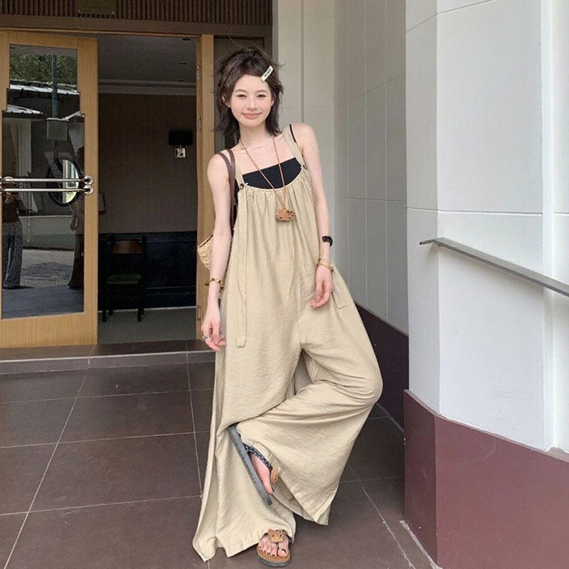 サロペット（トップスなし） ゆったり ワイドパンツ 体型カバー 無地 オーバーオール リラックス 一枚着 旅行コーデ