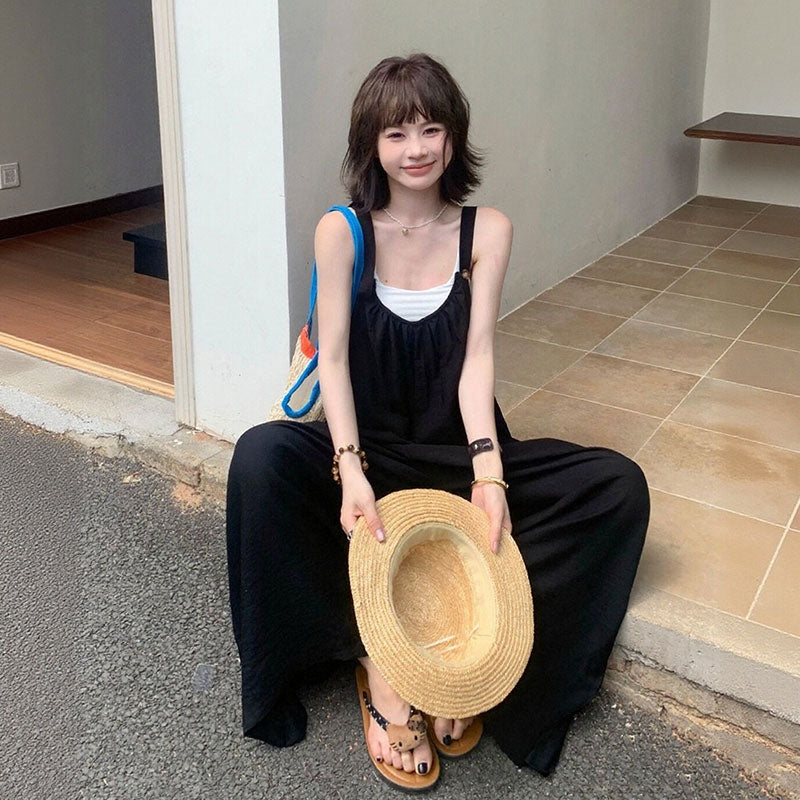 サロペット（トップスなし） ゆったり ワイドパンツ 体型カバー 無地 オーバーオール リラックス 一枚着 旅行コーデ
