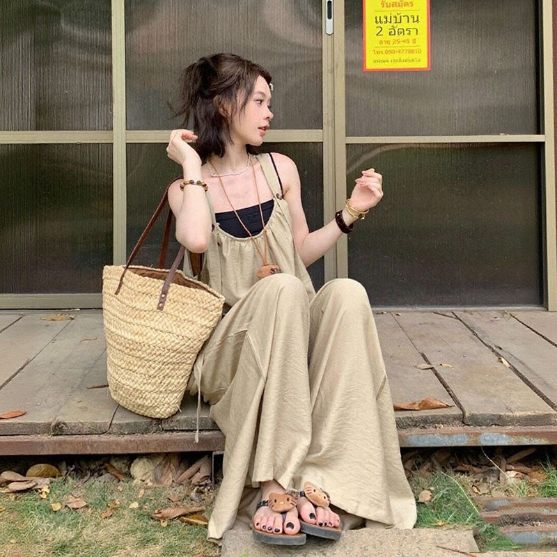 サロペット（トップスなし） ゆったり ワイドパンツ 体型カバー 無地 オーバーオール リラックス 一枚着 旅行コーデ