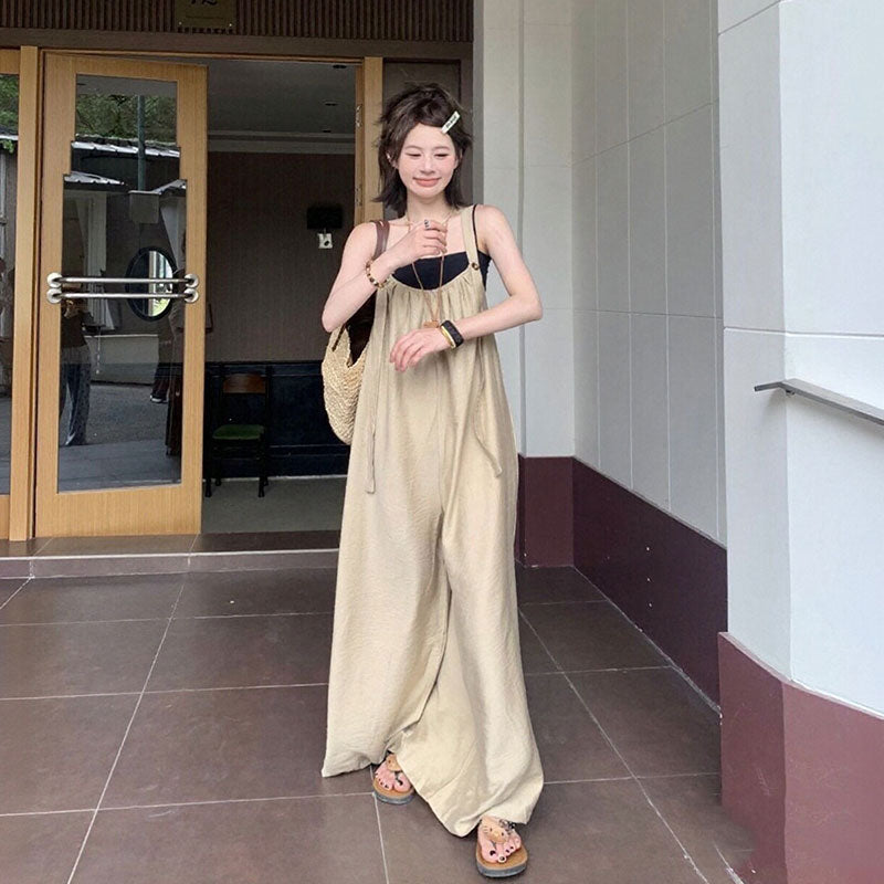 サロペット（トップスなし） ゆったり ワイドパンツ 体型カバー 無地 オーバーオール リラックス 一枚着 旅行コーデ