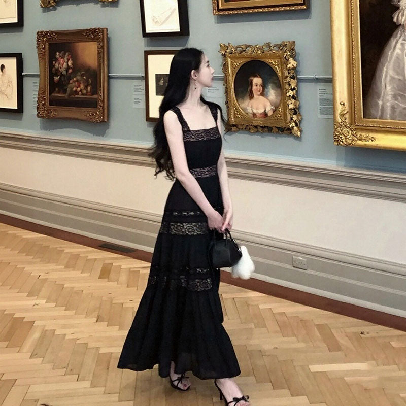 ワンピース ブラック レース スクエアネック ノースリーブ ロング丈 ウエストマーク フェミニン 大人可愛い デート 結婚式 二次会 お呼ばれ エレガント