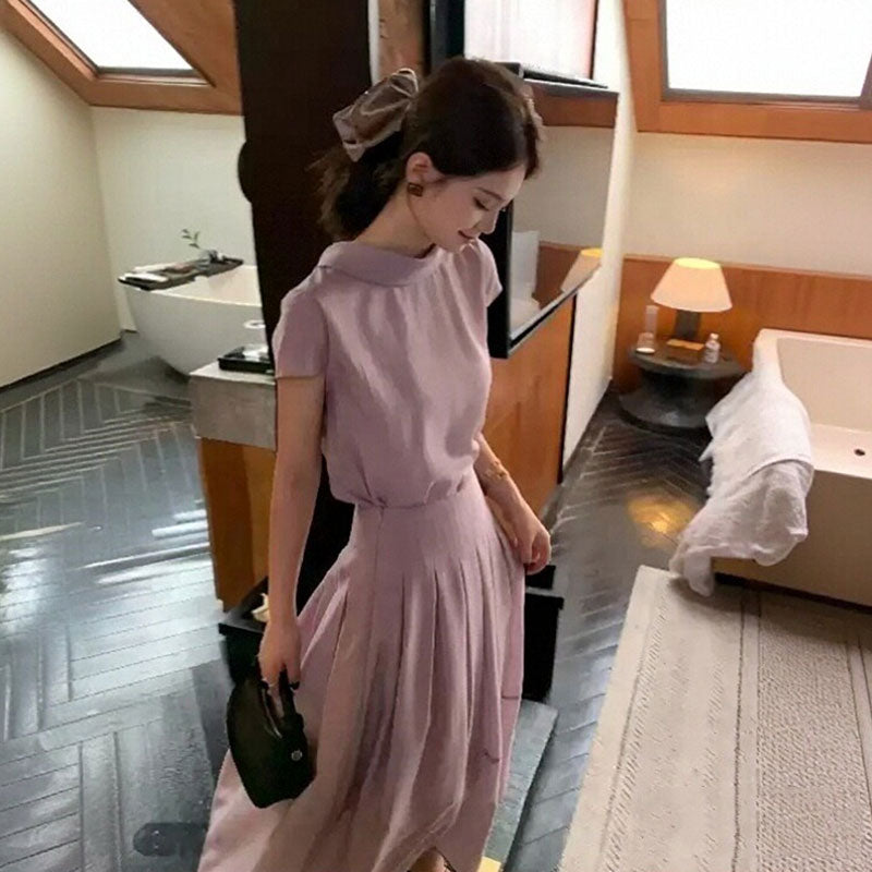 セットアップ レディース 半袖トップス プリーツロングスカートエレガント 大人きれいめ オフィス 通勤 結婚式 お呼ばれ 上品