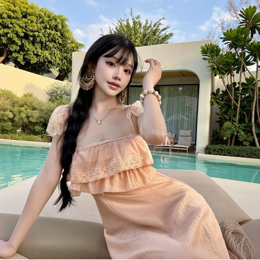 キャミソールワンピース レース フリル ロング丈 サマー リゾート ビーチデートワンピース