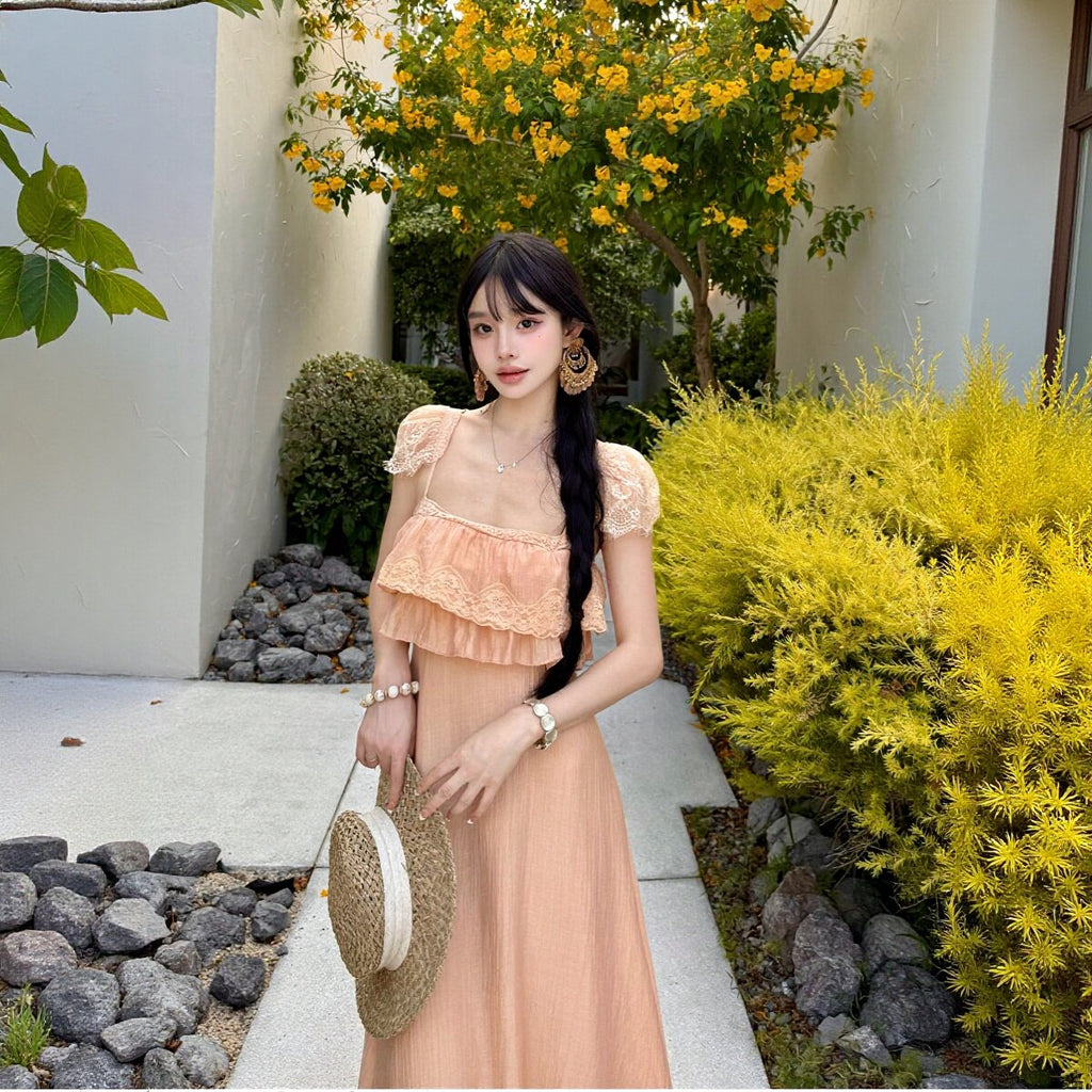 キャミソールワンピース レース フリル ロング丈 サマー リゾート ビーチデートワンピース