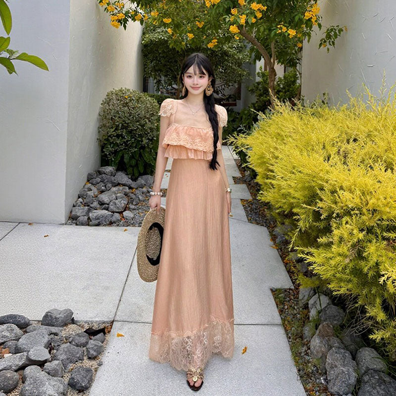 キャミソールワンピース レース フリル ロング丈 サマー リゾート ビーチデートワンピース