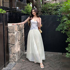 花柄キャミソールチュールワンピース ウエストマーク ふんわりロング丈 ナチュラル ガーリー