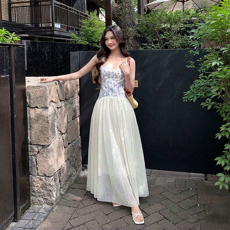 花柄キャミソールチュールワンピース ウエストマーク ふんわりロング丈 ナチュラル ガーリー