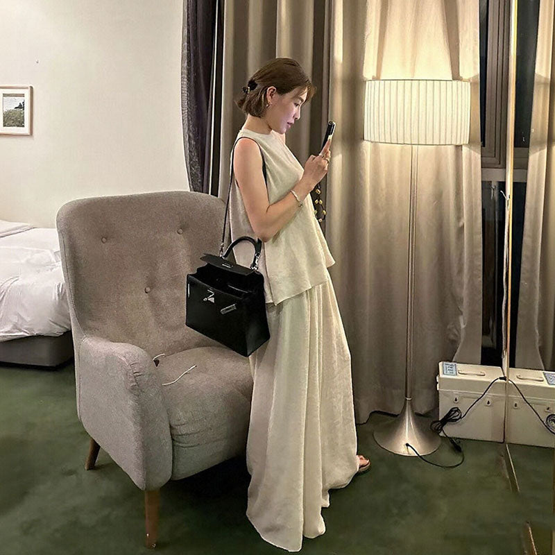 ノースリーブトップス+ワイドパンツ セットアップ リネン風 ゆったり 体型カバー 3 色展開