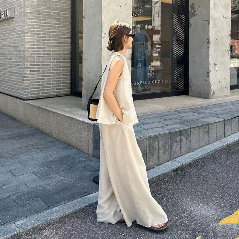 ノースリーブトップス+ワイドパンツ セットアップ リネン風 ゆったり 体型カバー 3 色展開