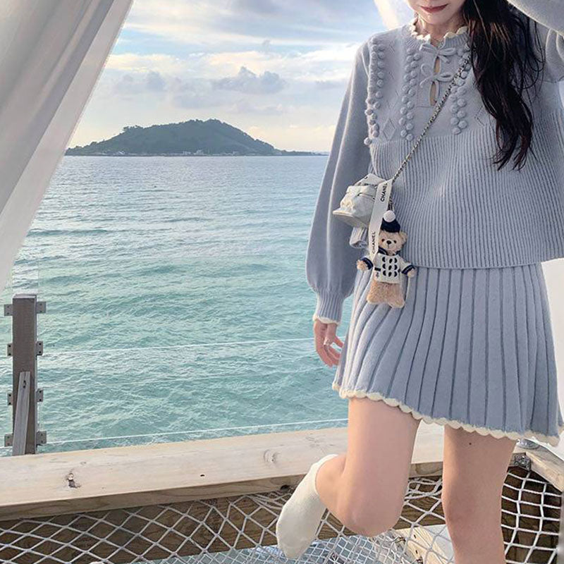 配色キリカｒニットセーター＆プリーツスカートセットアップ