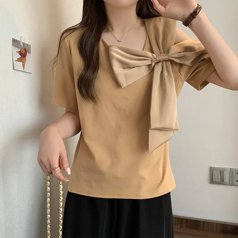 ショルダーリボン半袖Tシャツトップス