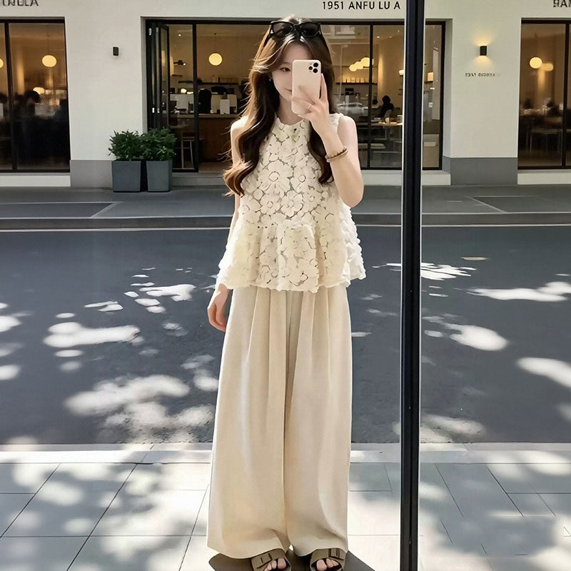 セットアップ花柄レースノースリーブトップス+ハイウエストワイドパンツ 韓国風 きれいめ オフホワイトコーデ 通勤 デート