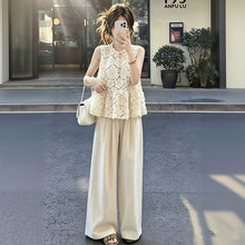画像をギャラリービューアに読み込む, セットアップ花柄レースノースリーブトップス+ハイウエストワイドパンツ 韓国風 きれいめ オフホワイトコーデ 通勤 デート
