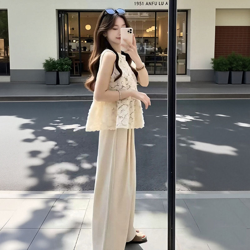 セットアップ花柄レースノースリーブトップス+ハイウエストワイドパンツ 韓国風 きれいめ オフホワイトコーデ 通勤 デート