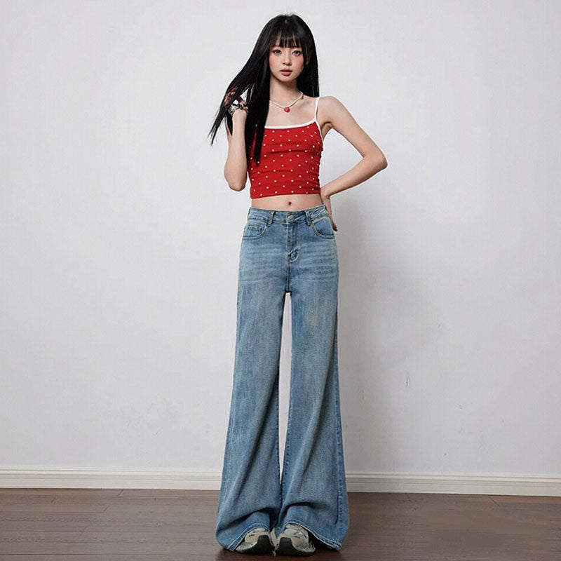 デニムパンツワイド ハイウエスト ゆったり ロング丈 脚長効果2色展開 韓国系 大人可愛い カジュアル