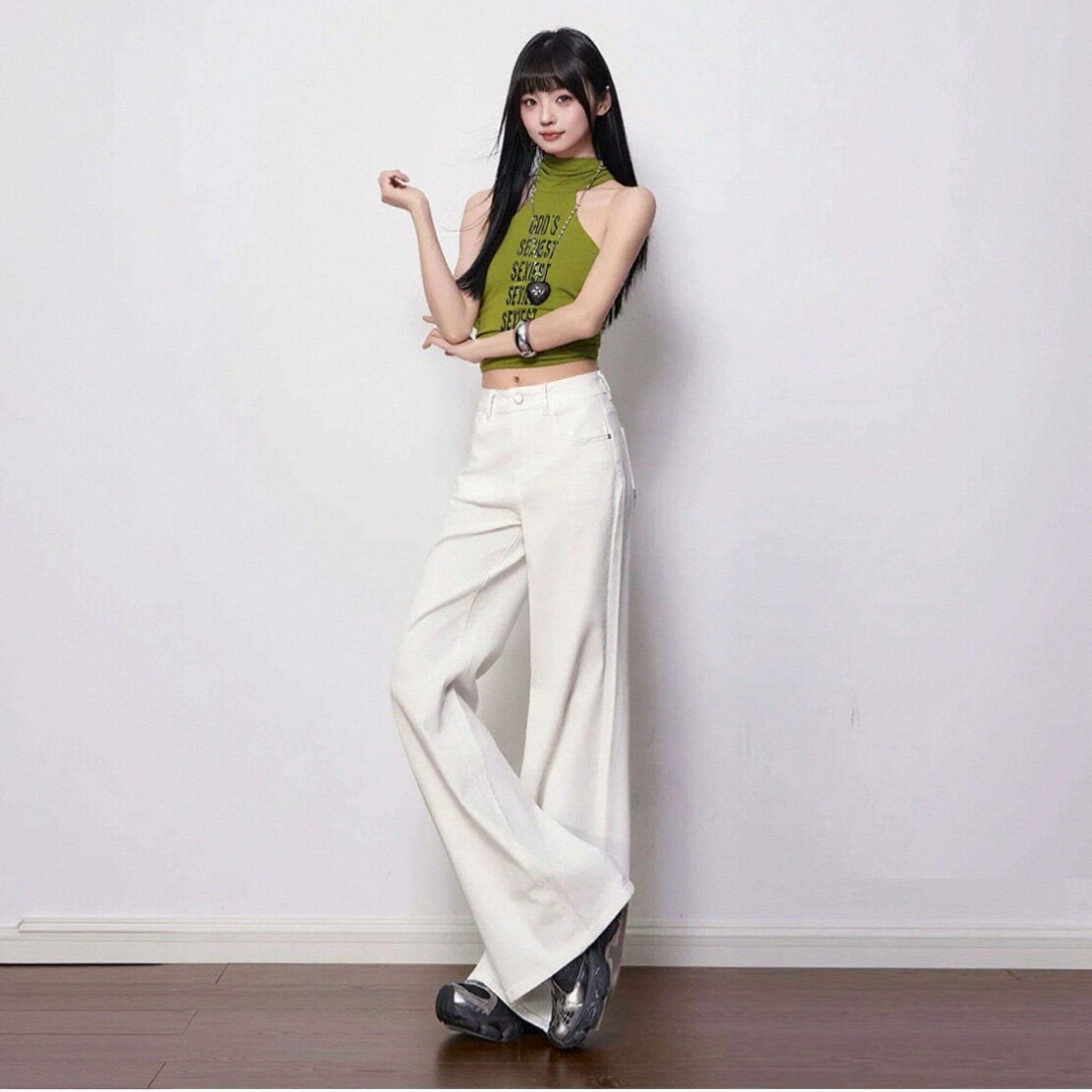デニムパンツワイド ハイウエスト ゆったり ロング丈 脚長効果2色展開 韓国系 大人可愛い カジュアル