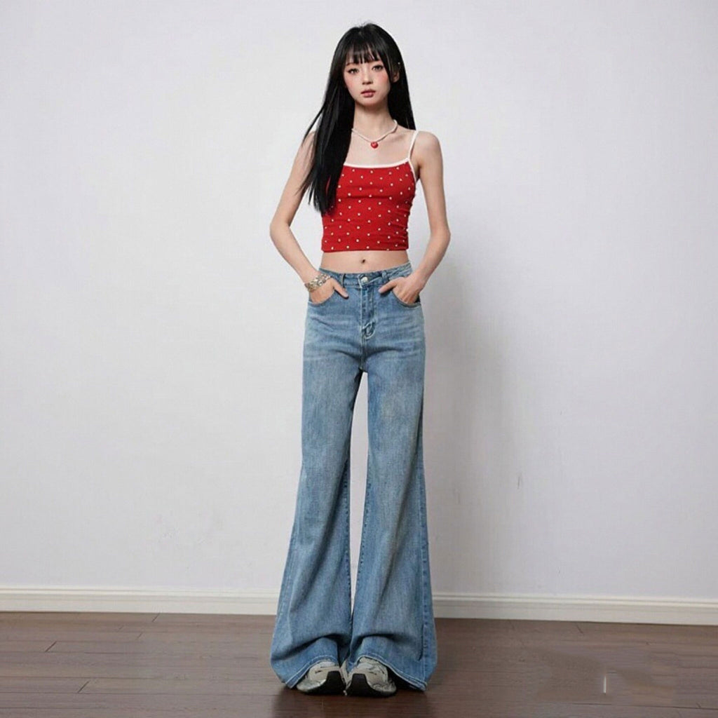 デニムパンツワイド ハイウエスト ゆったり ロング丈 脚長効果2色展開 韓国系 大人可愛い カジュアル