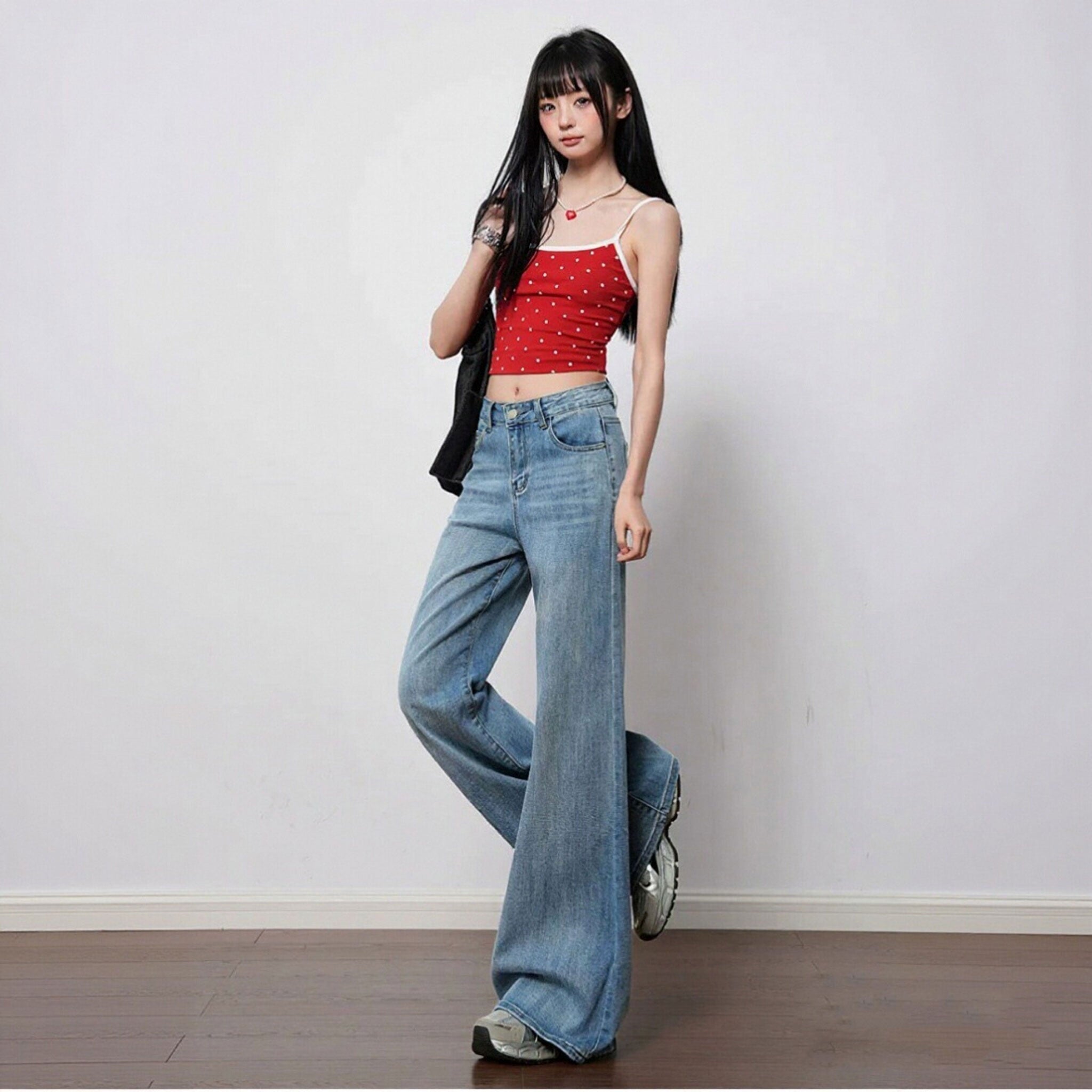 デニムパンツワイド ハイウエスト ゆったり ロング丈 脚長効果2色展開 韓国系 大人可愛い カジュアル