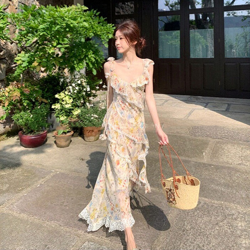 キャミソールワンピース 花柄 ティアード  レース フリル ロング丈 韓国系 リゾートコーデデートワンピース
