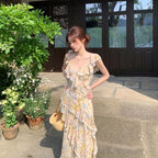 キャミソールワンピース 花柄 ティアード  レース フリル ロング丈 韓国系 リゾートコーデデートワンピース