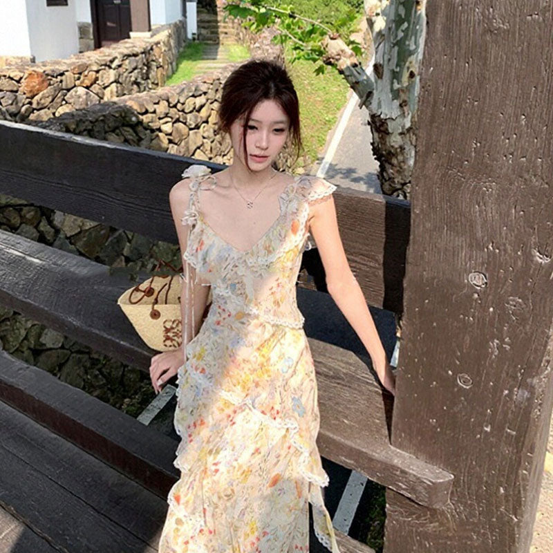 キャミソールワンピース 花柄 ティアード  レース フリル ロング丈 韓国系 リゾートコーデデートワンピース