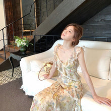 画像をギャラリービューアに読み込む, キャミソールワンピース 花柄 ティアード  レース フリル ロング丈 韓国系 リゾートコーデデートワンピース
