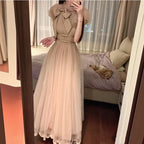 リボン襟チュールロングドレスデートワンピース結婚式パーティワンピース